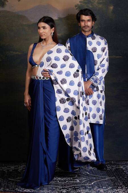 Shop Thetaa Blue Silk, Viscose, Satin Embroidery Neeli Buuti Printed Nehru Jacket Set Shop_Thetaa_Blue Silk, Viscose, Satin Embroidery Neeli Buuti Printed Nehru Jacket Set