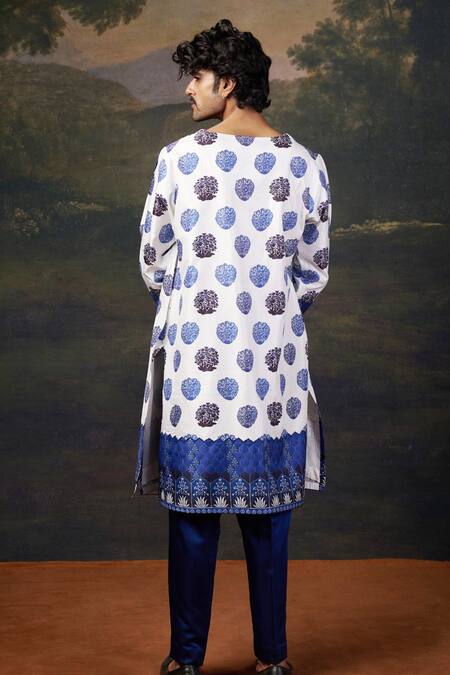 Shop_Thetaa_White Silk, Satin Embroidery Ip Neeli Buuti Printed Angrakha Kurta Set _at_Aza_Fashions
