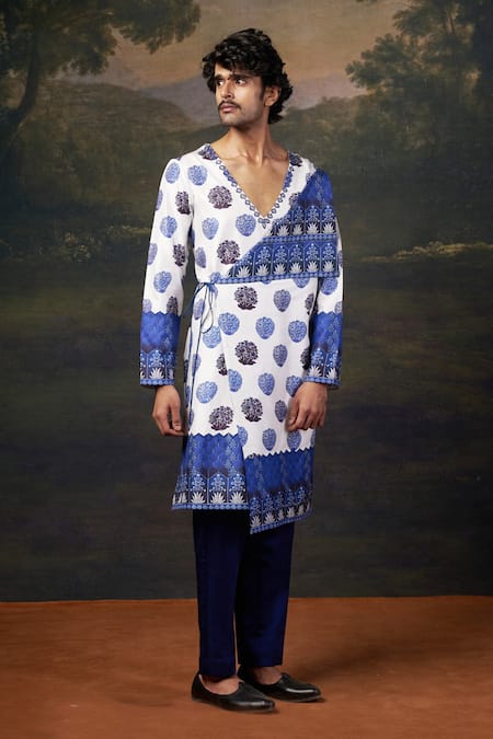Thetaa_White Silk, Satin Embroidery Ip Neeli Buuti Printed Angrakha Kurta Set _Online_at_Aza_Fashions