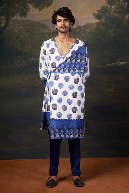 Buy_Thetaa_White Silk, Satin Embroidery Ip Neeli Buuti Printed Angrakha Kurta Set _Online_at_Aza_Fashions