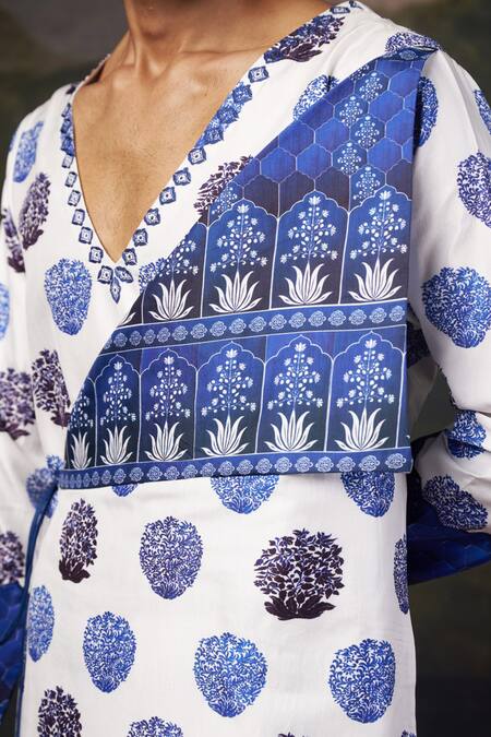 Thetaa_White Silk, Satin Embroidery Ip Neeli Buuti Printed Angrakha Kurta Set _at_Aza_Fashions