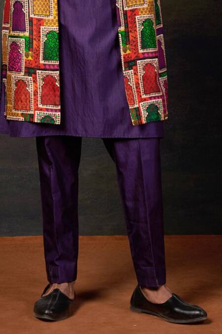 Thetaa_Purple Silk, Viscose Embroidery Hand Kurta Set With Open Jacket _Online_at_Aza_Fashions