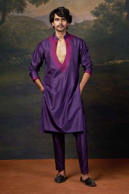 Buy_Thetaa_Purple Silk, Viscose Embroidery Hand Kurta Set With Open Jacket _Online_at_Aza_Fashions