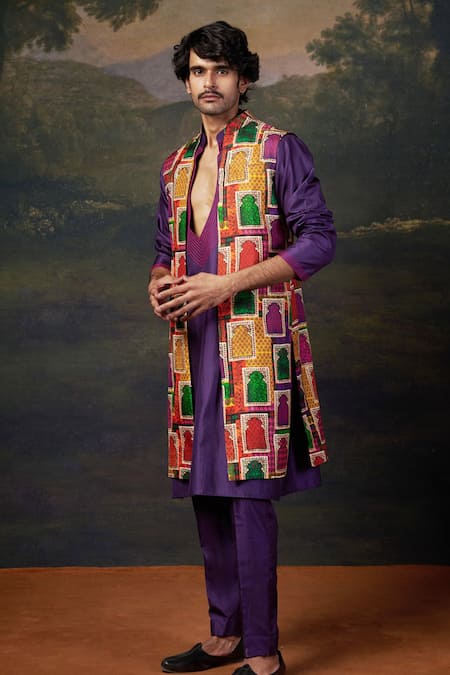 Shop_Thetaa_Purple Silk, Viscose Embroidery Hand Kurta Set With Open Jacket _Online_at_Aza_Fashions