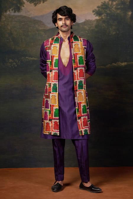 Thetaa_Purple Silk, Viscose Embroidery Hand Kurta Set With Open Jacket _at_Aza_Fashions
