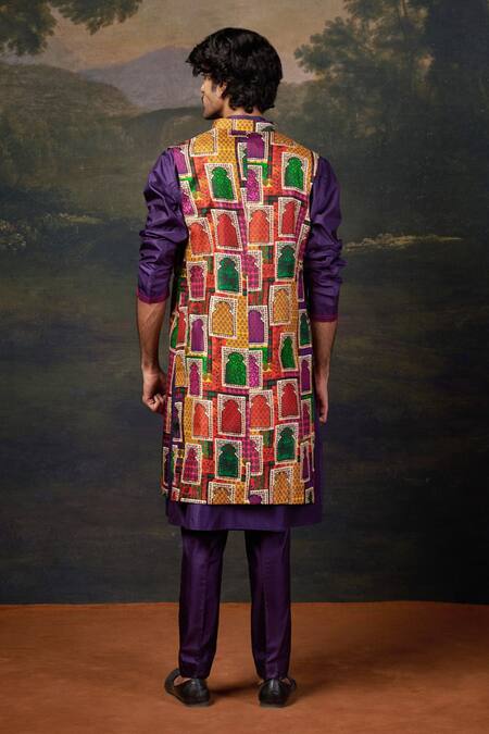 Shop_Thetaa_Purple Silk, Viscose Embroidery Hand Kurta Set With Open Jacket _at_Aza_Fashions
