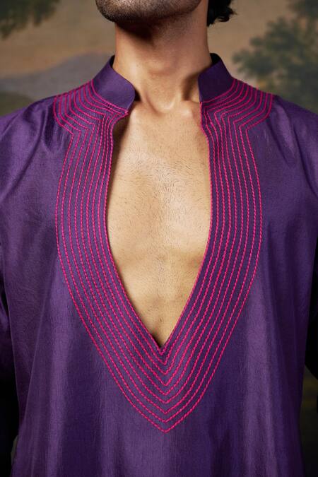 Buy_Thetaa_Purple Silk, Viscose Embroidery Hand Kurta Set With Open Jacket 
