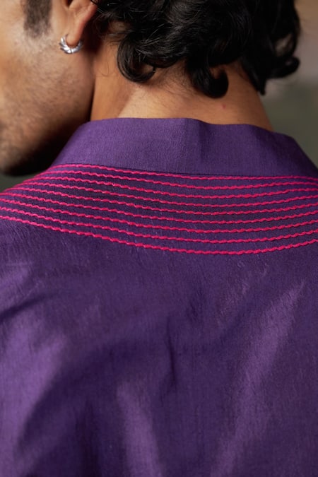 Shop_Thetaa_Purple Silk Embroidery Thread Kurta Pyjama Set _at_Aza_Fashions