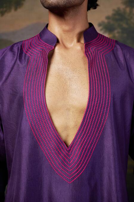 Buy_Thetaa_Purple Silk Embroidery Thread Kurta Pyjama Set _Online_at_Aza_Fashions