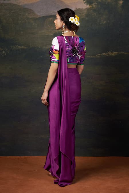 Shop_Thetaa_Purple Silk, Polyester, Satin Sequins, Embroidery Hand Pre-draped Saree Set _at_Aza_Fashions