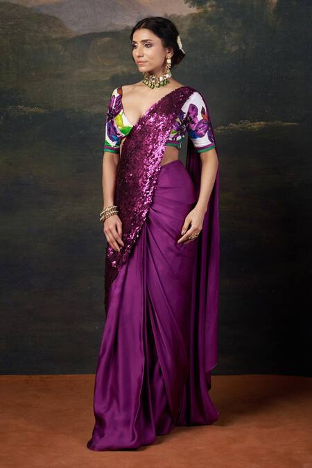 Thetaa_Purple Silk, Polyester, Satin Sequins, Embroidery Hand Pre-draped Saree Set _Online_at_Aza_Fashions