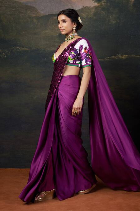 Buy_Thetaa_Purple Silk, Polyester, Satin Sequins, Embroidery Hand Pre-draped Saree Set _Online_at_Aza_Fashions