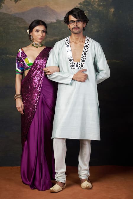 Thetaa_Purple Silk, Polyester, Satin Sequins, Embroidery Hand Pre-draped Saree Set _at_Aza_Fashions