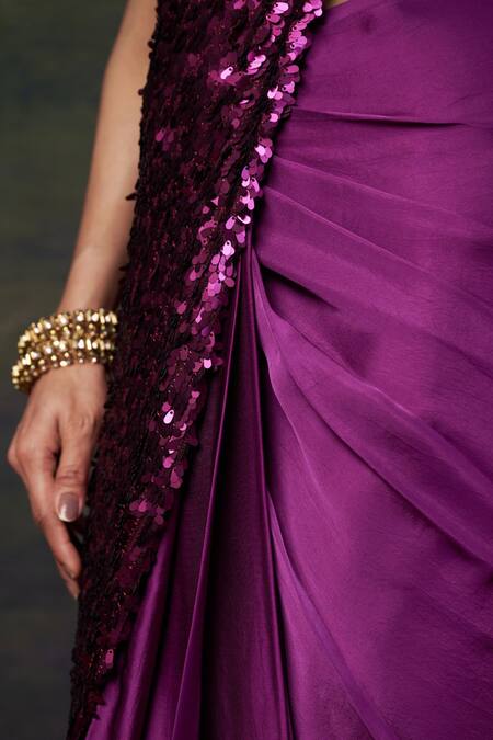 Buy_Thetaa_Purple Silk, Polyester, Satin Sequins, Embroidery Hand Pre-draped Saree Set 