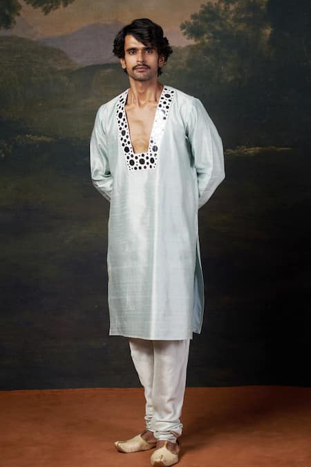 Shop_Thetaa_Mint Silk Mirrors Hand Embroidered Kurta Set _Online_at_Aza_Fashions