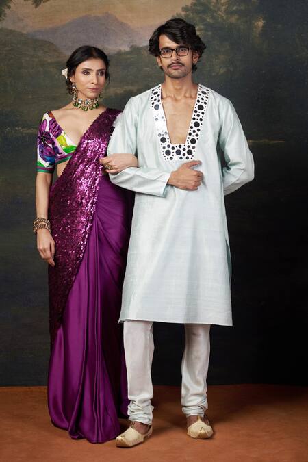 Thetaa_Mint Silk Mirrors Hand Embroidered Kurta Set _at_Aza_Fashions