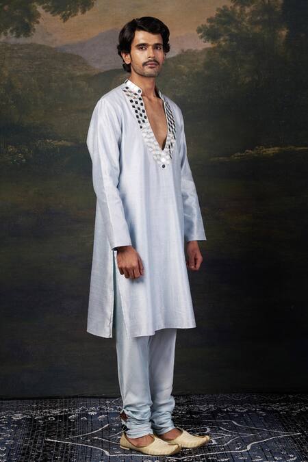 Thetaa_Blue Silk, Satin Mirrors Hand Embroidered Work Kurta Set _Online_at_Aza_Fashions
