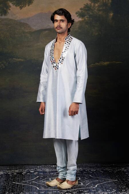 Buy_Thetaa_Blue Silk, Satin Mirrors Hand Embroidered Work Kurta Set 