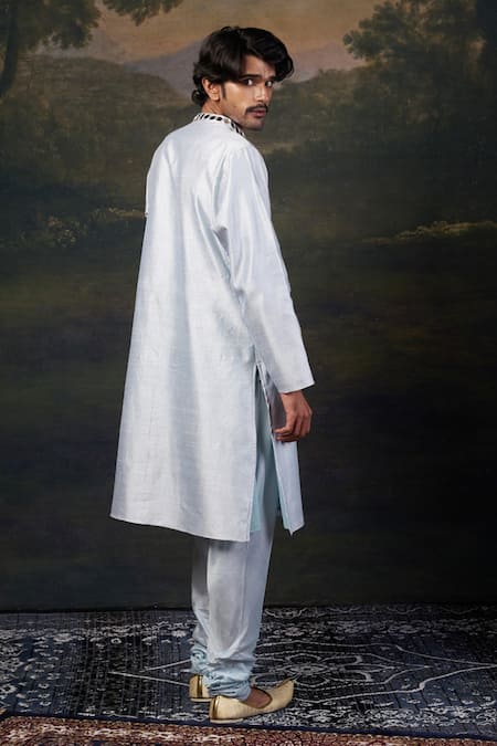 Shop_Thetaa_Blue Silk, Satin Mirrors Hand Embroidered Work Kurta Set _at_Aza_Fashions