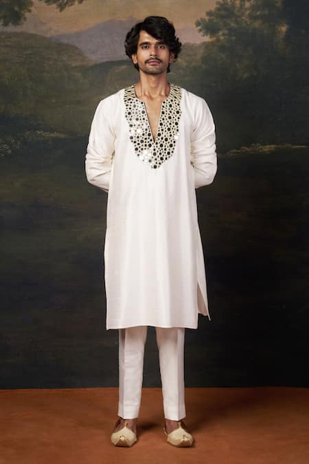Buy_Thetaa_White Silk Mirrors Hand Embroidered Work Kurta Set _Online_at_Aza_Fashions