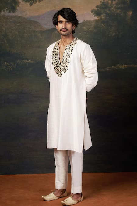 Shop_Thetaa_White Silk Mirrors Hand Embroidered Work Kurta Set _Online_at_Aza_Fashions