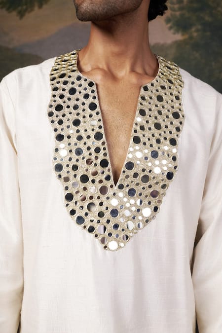 Shop_Thetaa_White Silk Mirrors Hand Embroidered Work Kurta Set 