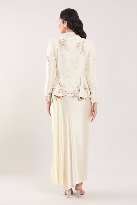 Shop_Anamika Khanna_Ivory Silk, Satin Embroidery, Beads, Tassels Bandeau Floral Jacket And Skirt Set _at_Aza_Fashions