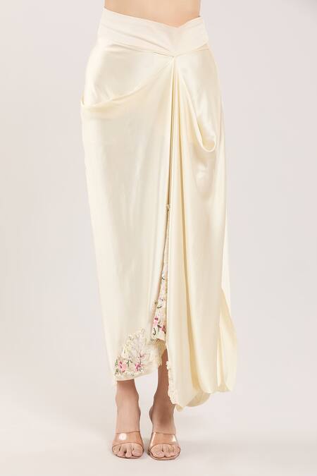 Anamika Khanna_Ivory Silk, Satin Embroidery, Beads, Tassels Bandeau Floral Jacket And Skirt Set _Online_at_Aza_Fashions