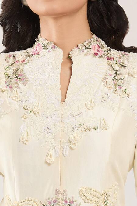 Buy_Anamika Khanna_Ivory Silk, Satin Embroidery, Beads, Tassels Bandeau Floral Jacket And Skirt Set _Online_at_Aza_Fashions