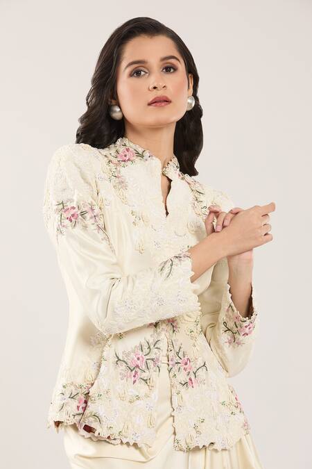 Shop_Anamika Khanna_Ivory Silk, Satin Embroidery, Beads, Tassels Bandeau Floral Jacket And Skirt Set _Online_at_Aza_Fashions