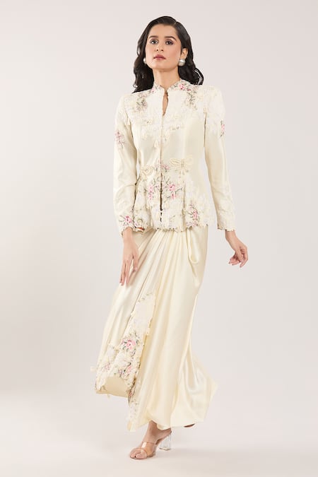 Anamika Khanna_Ivory Silk, Satin Embroidery, Beads, Tassels Bandeau Floral Jacket And Skirt Set _at_Aza_Fashions