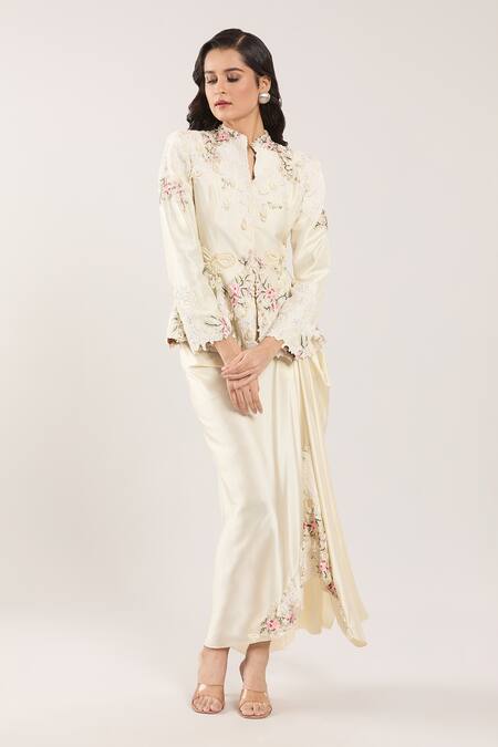 Buy_Anamika Khanna_Ivory Silk, Satin Embroidery, Beads, Tassels Bandeau Floral Jacket And Skirt Set 