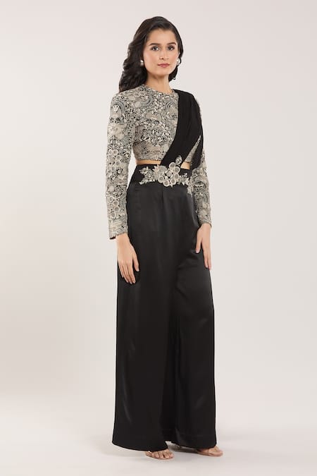 Anamika Khanna_Black Embroidery, Sequins Round Neck Pre-draped Pant Saree With Blouse _Online_at_Aza_Fashions