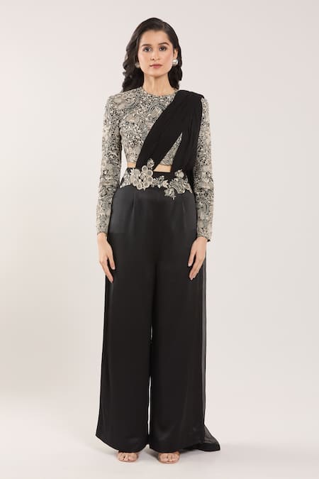 Shop_Anamika Khanna_Black Embroidery, Sequins Round Neck Pre-draped Pant Saree With Blouse _Online_at_Aza_Fashions