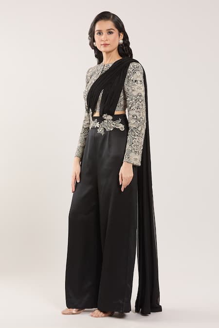 Anamika Khanna_Black Embroidery, Sequins Round Neck Pre-draped Pant Saree With Blouse _at_Aza_Fashions