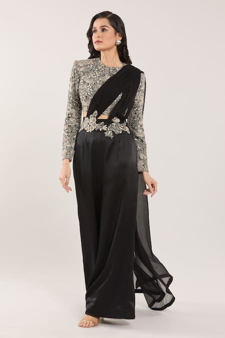 Buy_Anamika Khanna_Black Embroidery, Sequins Round Neck Pre-draped Pant Saree With Blouse 