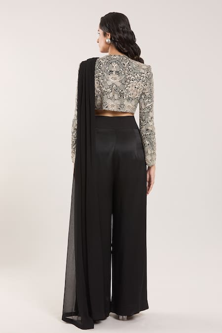Shop_Anamika Khanna_Black Embroidery, Sequins Round Neck Pre-draped Pant Saree With Blouse _at_Aza_Fashions