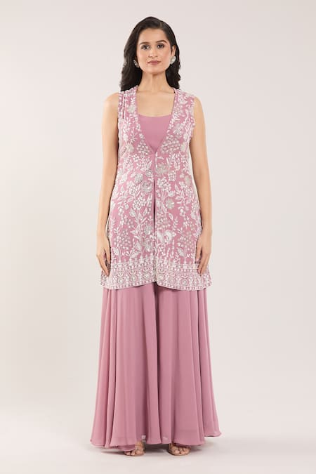 Shop_Samyukta Singhania_Pink Chiffon Sequins, Beads, Cut Work Floral Embroidered Jacket With Sharara Set _Online_at_Aza_Fashions