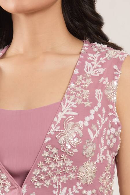 Samyukta Singhania_Pink Chiffon Sequins, Beads, Cut Work Floral Embroidered Jacket With Sharara Set _at_Aza_Fashions