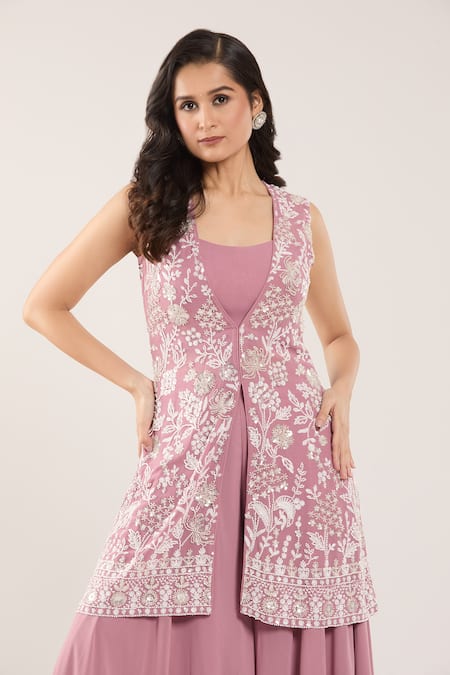 Buy_Samyukta Singhania_Pink Chiffon Sequins, Beads, Cut Work Floral Embroidered Jacket With Sharara Set 