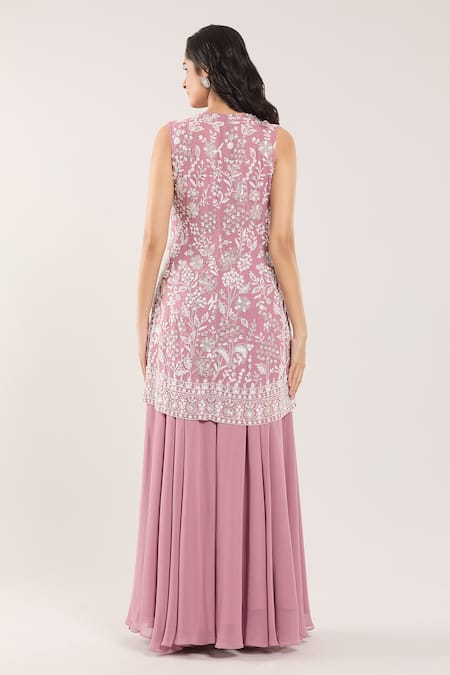 Shop_Samyukta Singhania_Pink Chiffon Sequins, Beads, Cut Work Floral Embroidered Jacket With Sharara Set _at_Aza_Fashions