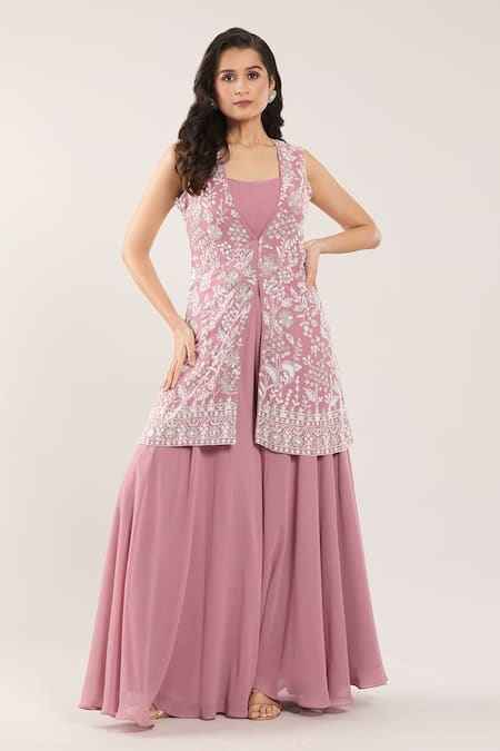 Shop_Samyukta Singhania_Pink Chiffon Sequins, Beads, Cut Work Floral Embroidered Jacket With Sharara Set 