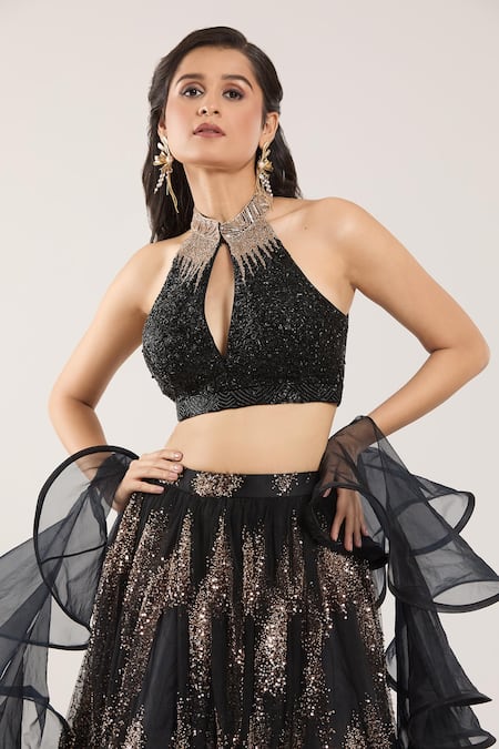 Samyukta Singhania Black Sequins, Beads, Cut Work Embroidered Lehenga Set With Ruffle Dupatta Online at Aza Fashions Samyukta Singhania_Black Sequins, Beads, Cut Work Embroidered Lehenga Set With Ruffle Dupatta_Online_at_Aza_Fashions