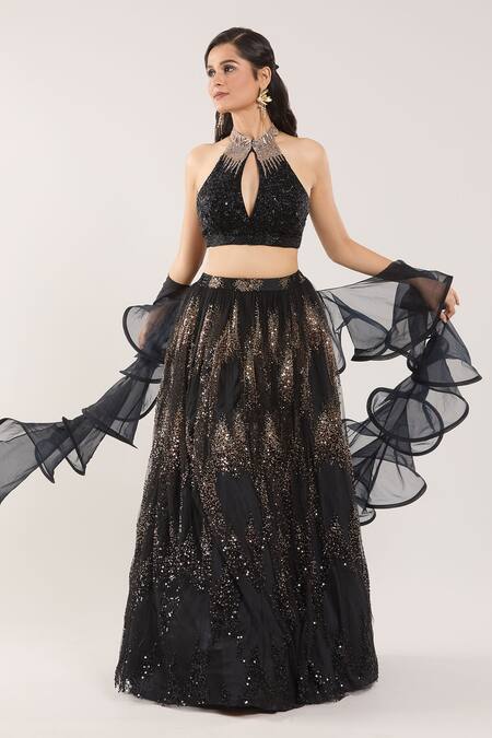 Buy Samyukta Singhania Black Sequins, Beads, Cut Work Embroidered Lehenga Set With Ruffle Dupatta Online at Aza Fashions Buy_Samyukta Singhania_Black Sequins, Beads, Cut Work Embroidered Lehenga Set With Ruffle Dupatta_Online_at_Aza_Fashions