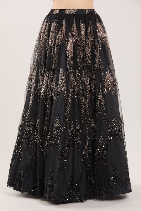 Shop Samyukta Singhania Black Sequins, Beads, Cut Work Embroidered Lehenga Set With Ruffle Dupatta Online at Aza Fashions Shop_Samyukta Singhania_Black Sequins, Beads, Cut Work Embroidered Lehenga Set With Ruffle Dupatta_Online_at_Aza_Fashions