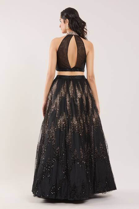 Shop Samyukta Singhania Black Sequins, Beads, Cut Work Embroidered Lehenga Set With Ruffle Dupatta at Aza Fashions Shop_Samyukta Singhania_Black Sequins, Beads, Cut Work Embroidered Lehenga Set With Ruffle Dupatta_at_Aza_Fashions