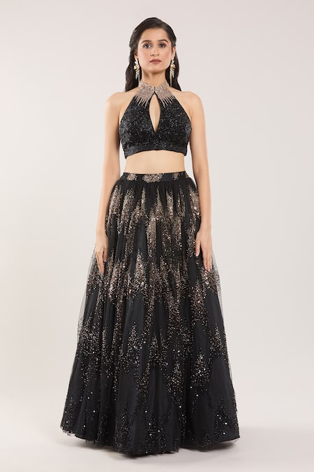 Samyukta Singhania Black Sequins, Beads, Cut Work Embroidered Lehenga Set With Ruffle Dupatta at Aza Fashions Samyukta Singhania_Black Sequins, Beads, Cut Work Embroidered Lehenga Set With Ruffle Dupatta_at_Aza_Fashions