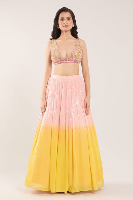 Samyukta Singhania_Pink Sequins, Mirrors, Embroidery V-neck Ombre Lehenga Set _Online_at_Aza_Fashions