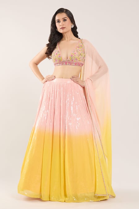 Buy_Samyukta Singhania_Pink Sequins, Mirrors, Embroidery V-neck Ombre Lehenga Set _Online_at_Aza_Fashions