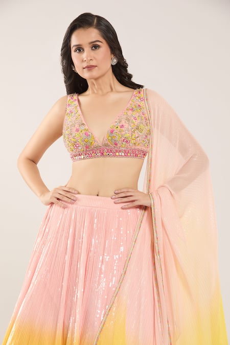 Shop_Samyukta Singhania_Pink Sequins, Mirrors, Embroidery V-neck Ombre Lehenga Set _Online_at_Aza_Fashions